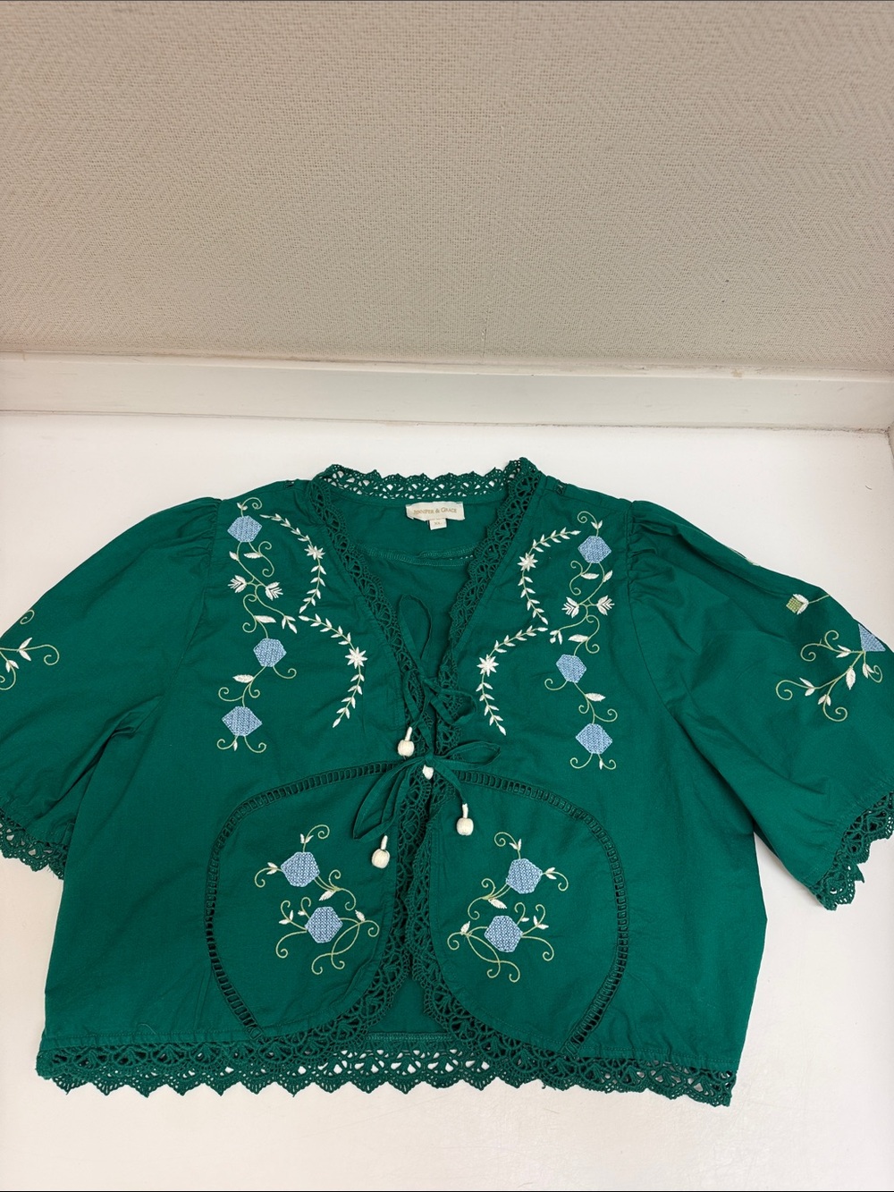 Embroidered Green Crochet-Trim Tie-Front Blouse